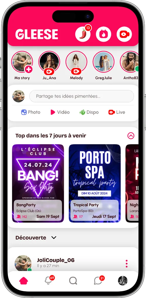Accueil de l'application Gleese : stories, événements libertins à venir et fil Découverte