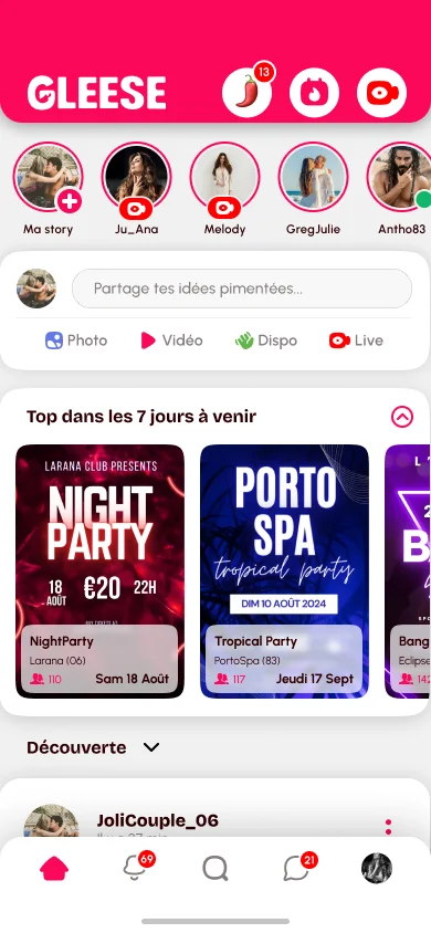 Accueil de Gleese : stories, événements des 7 prochains jours et fil Découverte