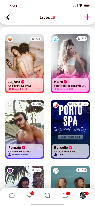 Liste des lives en cours sur Gleese : couples, femmes, hommes et clubs en direct