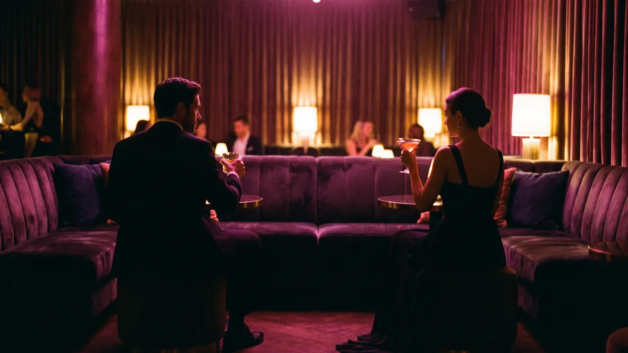 Dans le salon feutré d'un club, un homme et une femme vus de dos échangent un regard discret, verre à la main