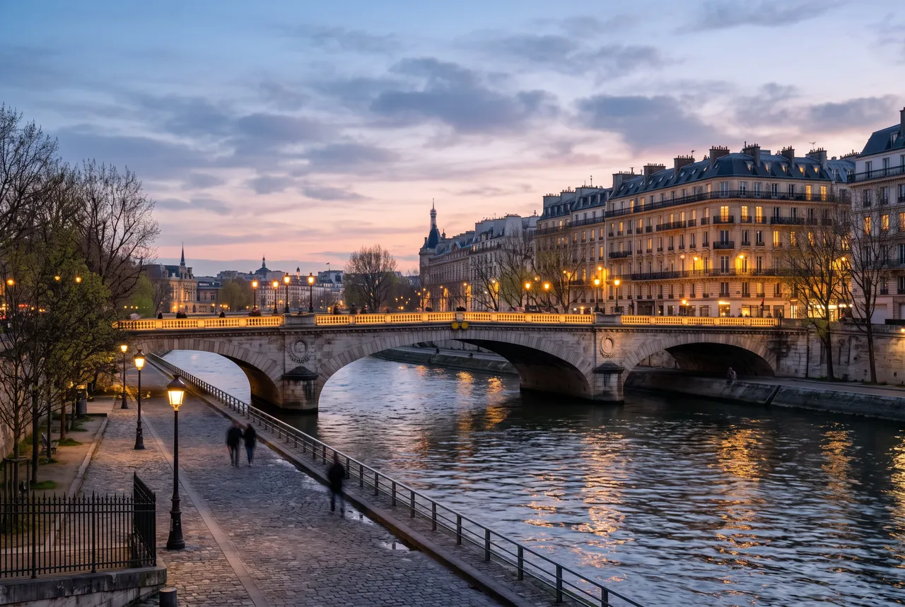 Quais de Seine à Paris au crépuscule, pont de pierre et immeubles haussmanniens éclairés