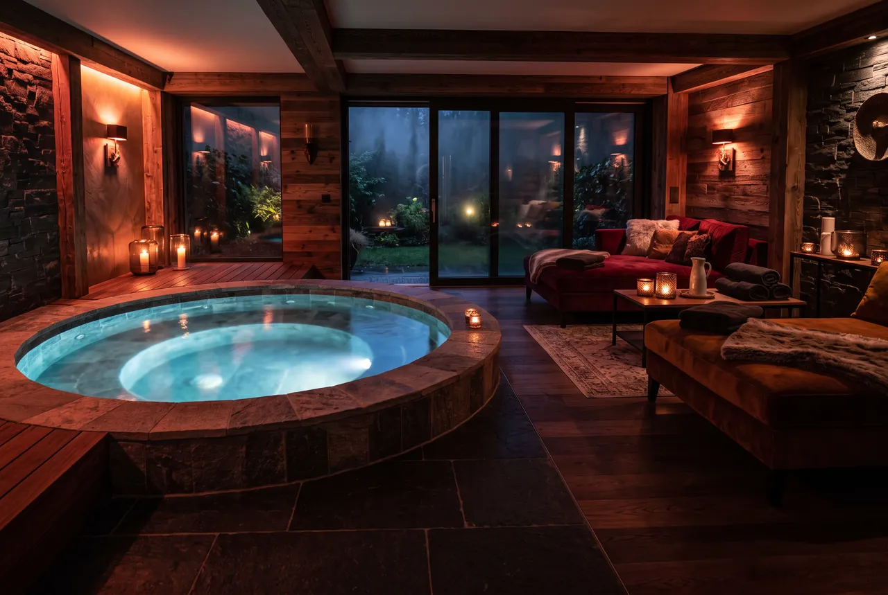 Espace bien-être feutré avec jacuzzi, bougies et banquettes de velours, ambiance de sauna-club