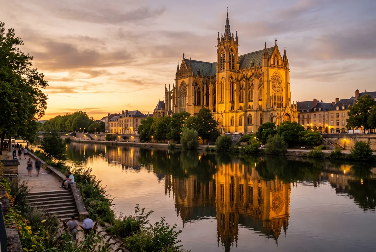 Cathédrale Saint-Étienne de Metz au coucher du soleil, reflétée dans la Moselle