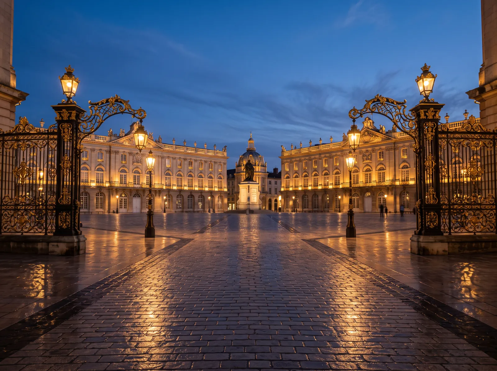 Place Stanislas à Nancy à la tombée de la nuit, grilles dorées et façades illuminées