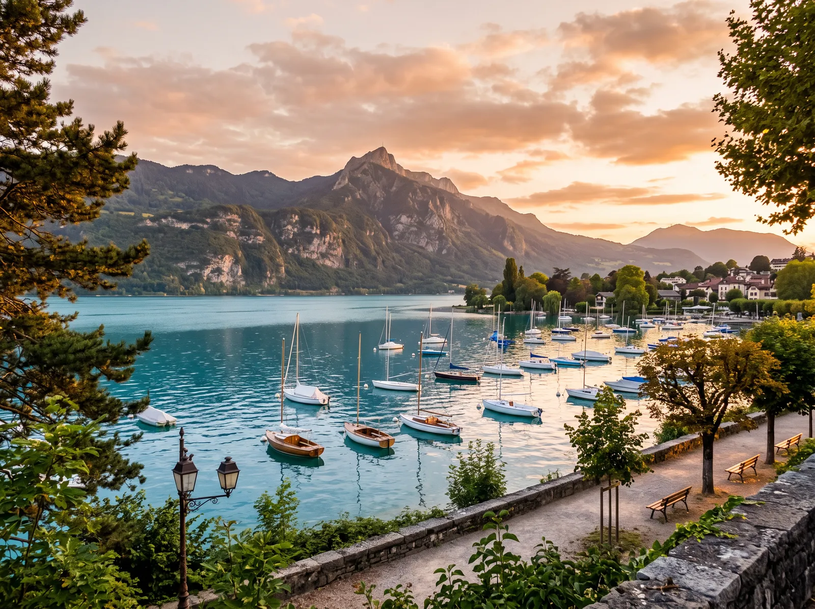 Rives d'un lac savoyard au coucher du soleil, voiliers au mouillage et montagnes