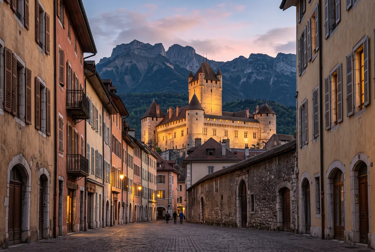 Vieille ville savoyarde au crépuscule, château illuminé et montagnes en arrière-plan