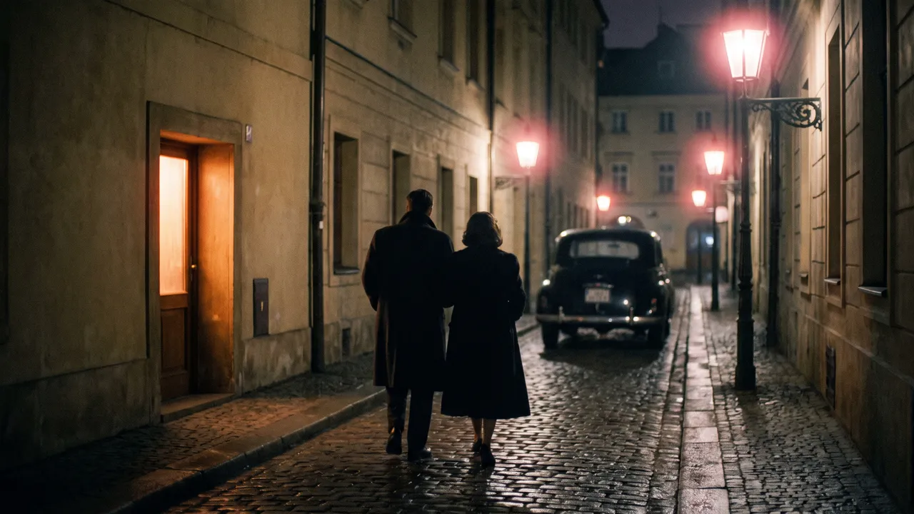 Un couple en manteaux longs, vu de dos, s'éloigne la nuit dans une ruelle pavée vers sa voiture