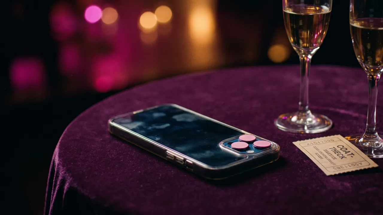 Téléphone posé sur une table de velours prune dans un club, ses objectifs couverts de stickers roses, à côté de deux coupes de champagne