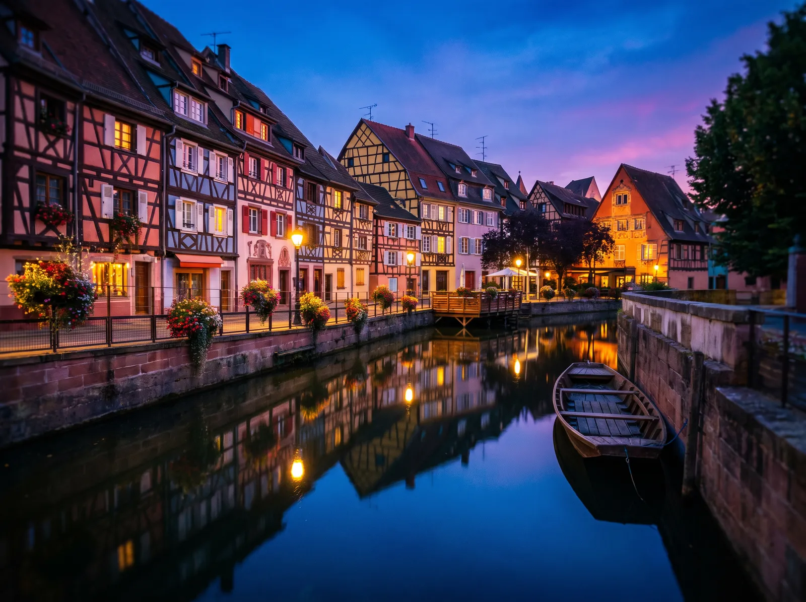 La Petite Venise à Colmar à l'heure bleue, maisons à colombages illuminées reflétées dans le canal