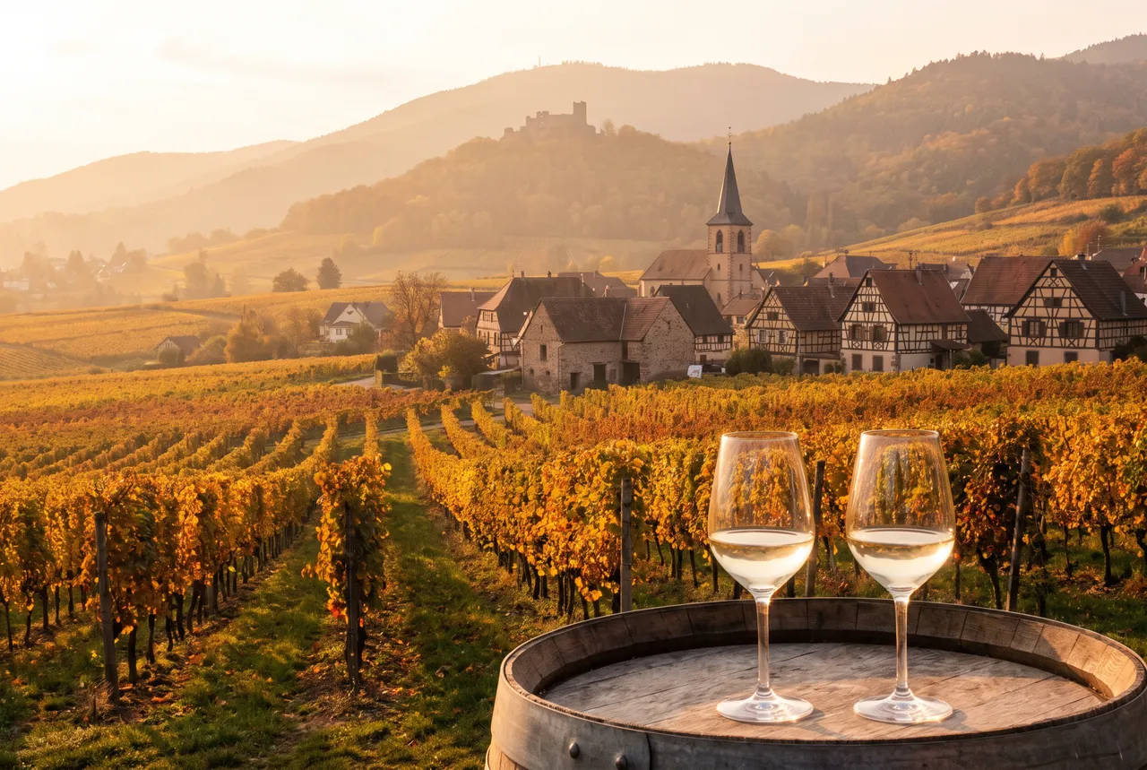 Vignes dorées de la route des vins d'Alsace au coucher du soleil, village à colombages et deux verres de riesling sur un tonneau