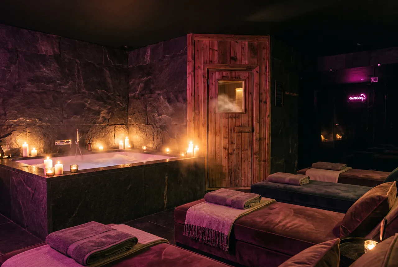 Espace bien-être feutré d'un sauna-club : jacuzzi aux bougies, porte de sauna en bois et banquettes de velours