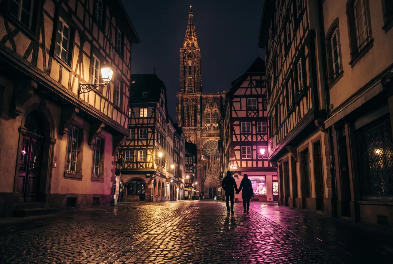 Couple main dans la main dans une ruelle pavée de Strasbourg la nuit, face à la cathédrale illuminée
