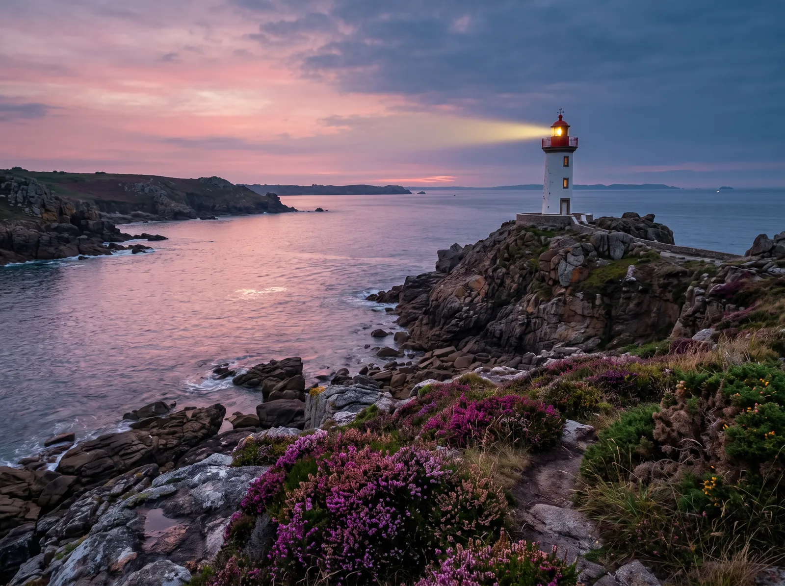 Phare sur la côte bretonne au crépuscule, rochers de granit et bruyère en fleurs