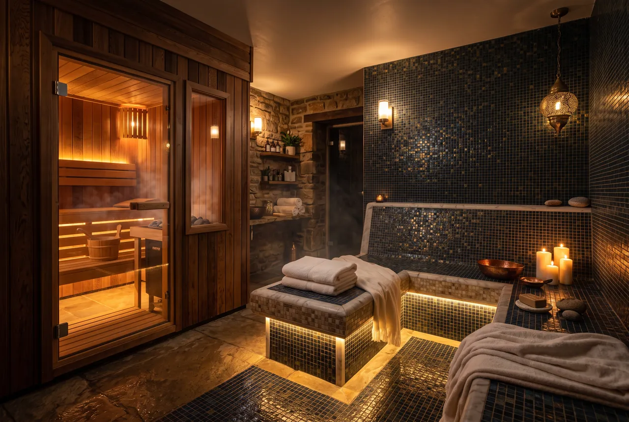 Sauna et hammam feutrés à la lumière des bougies, ambiance de sauna libertin