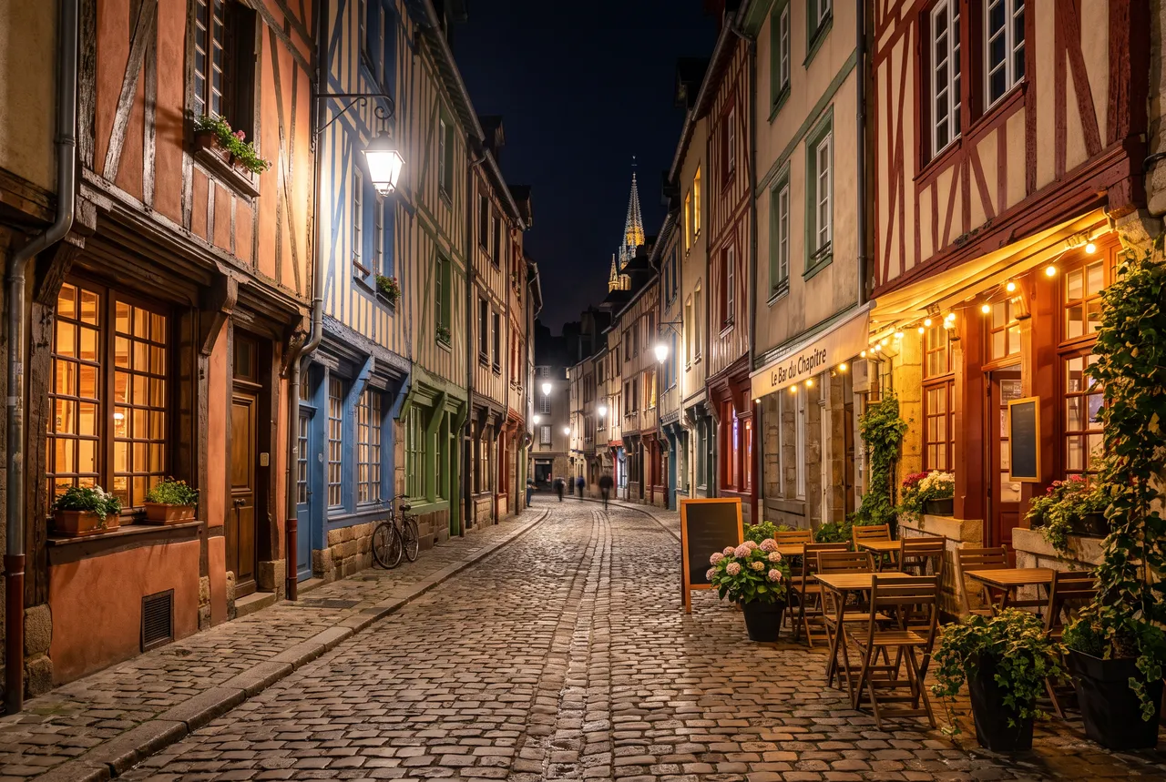 Rue pavée d'une vieille ville bretonne la nuit, maisons à colombages et terrasse éclairée
