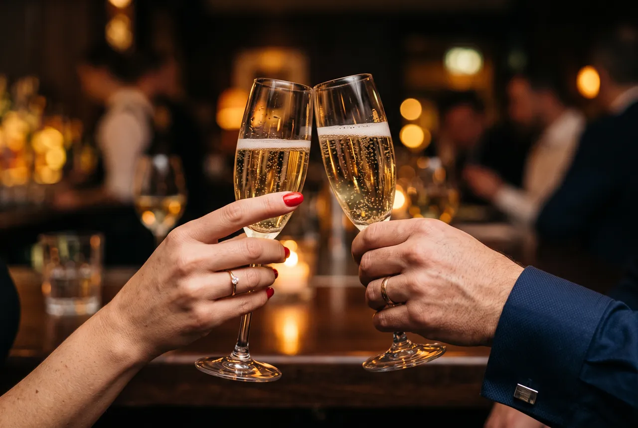 Un couple trinque au champagne dans un bar feutré