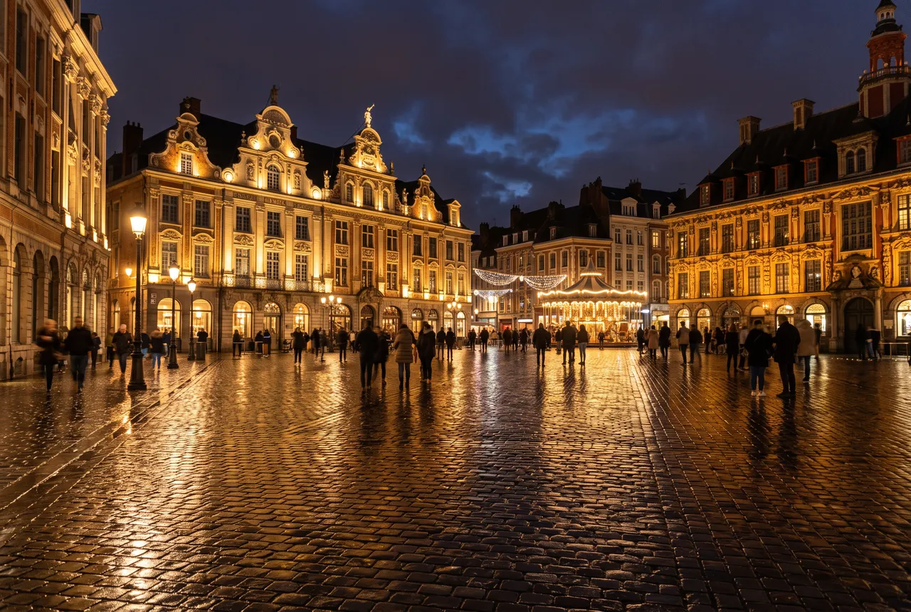 Grand-Place de Lille la nuit, façades flamandes illuminées sur les pavés mouillés