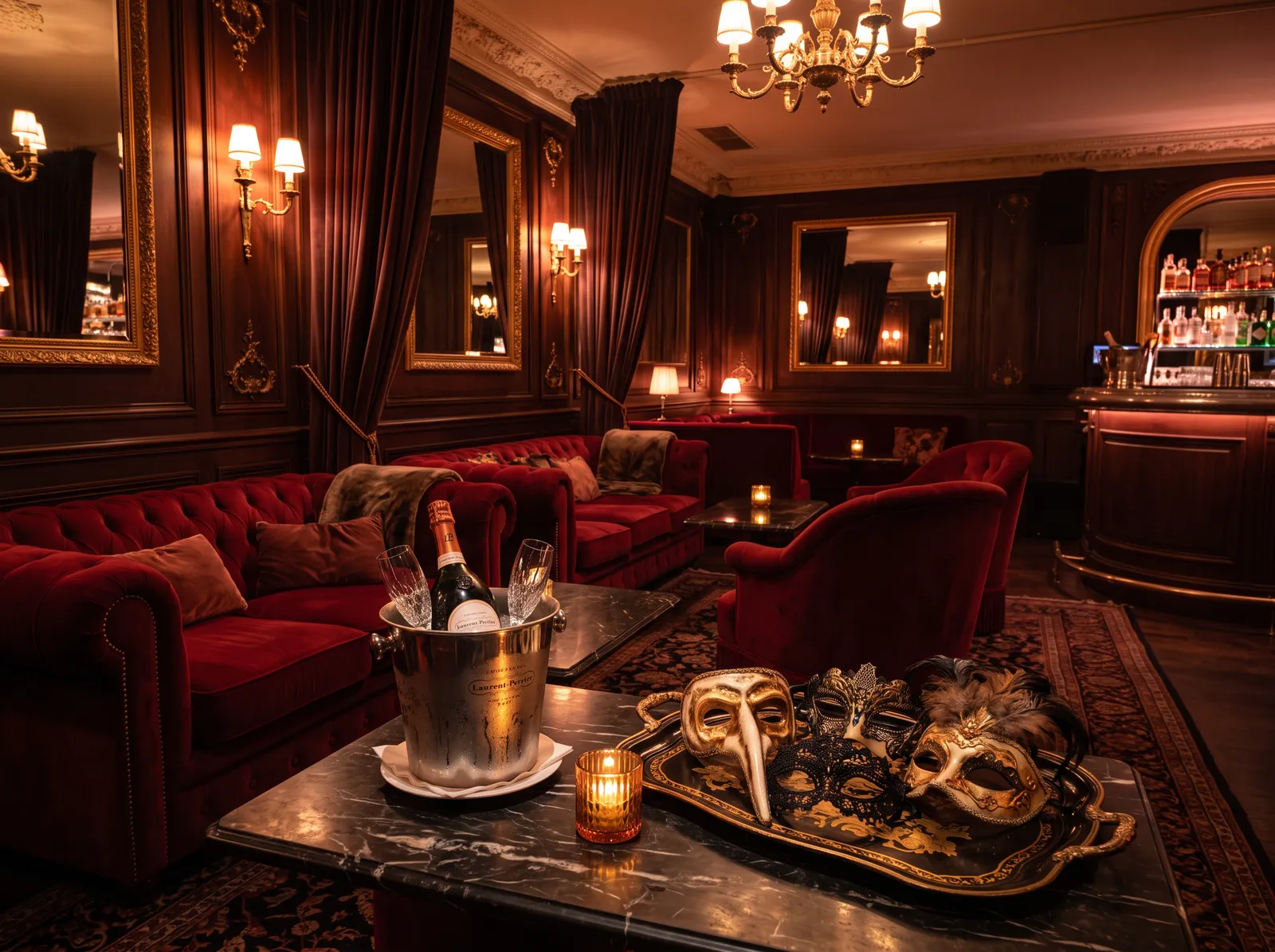 Salon feutré d'un club privé : banquettes de velours rouge, champagne et masques vénitiens