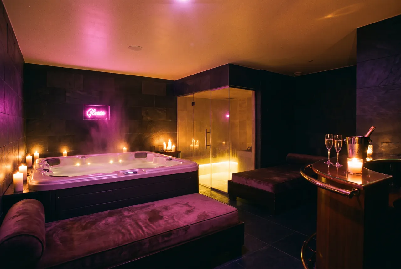Espace balnéo feutré d'un club privé : jacuzzi aux bougies, hammam vitré et banquettes de velours