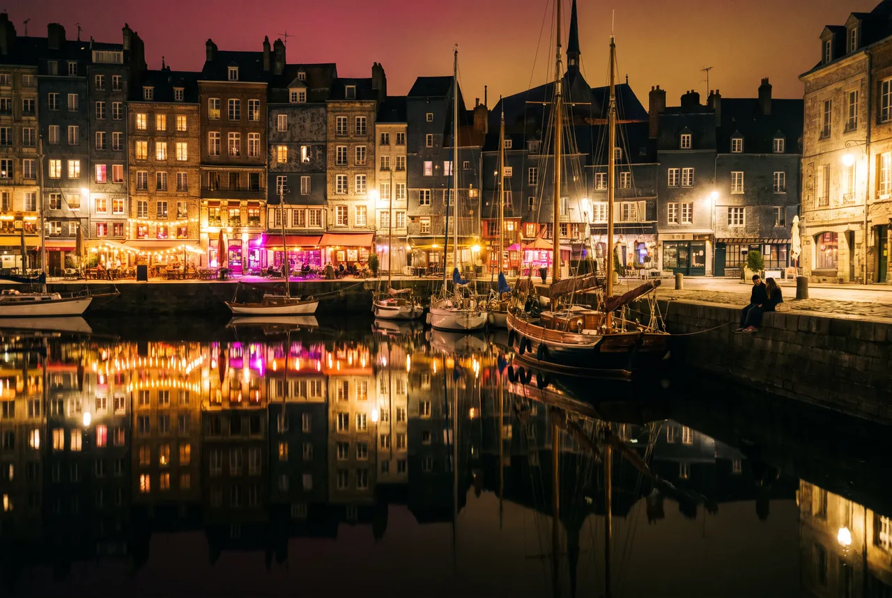 Vieux Bassin de Honfleur la nuit, façades et voiliers reflétés dans l'eau, couple assis sur le quai