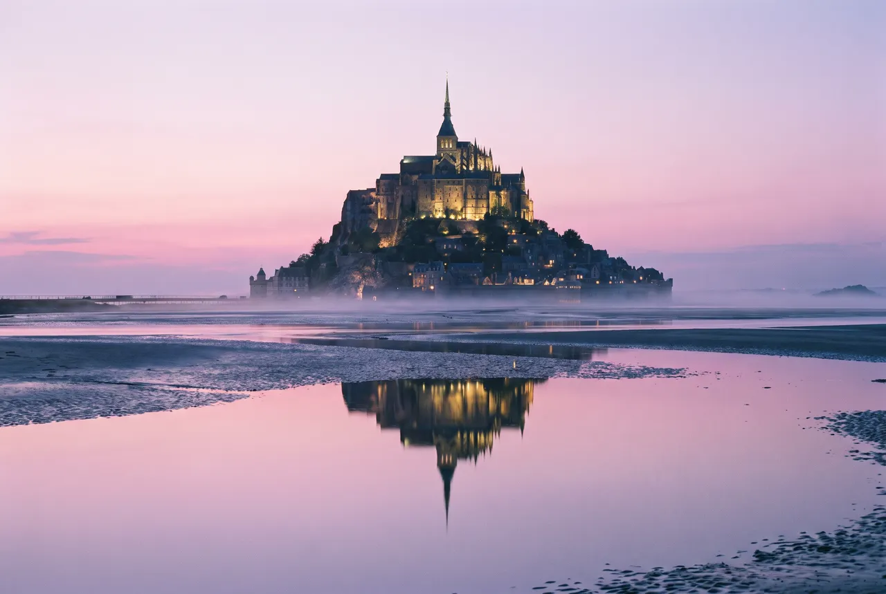 Mont-Saint-Michel illuminé à l'heure bleue, reflété dans les eaux de la baie