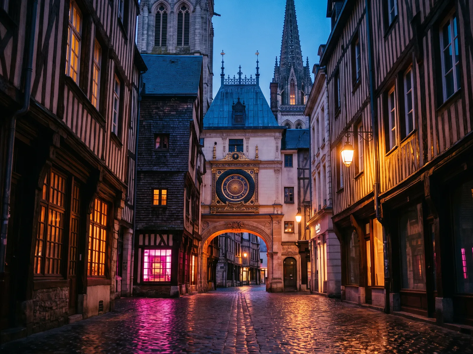 Rue du Gros-Horloge à Rouen à l'heure bleue, maisons à colombages et pavés mouillés, flèche de la cathédrale au fond