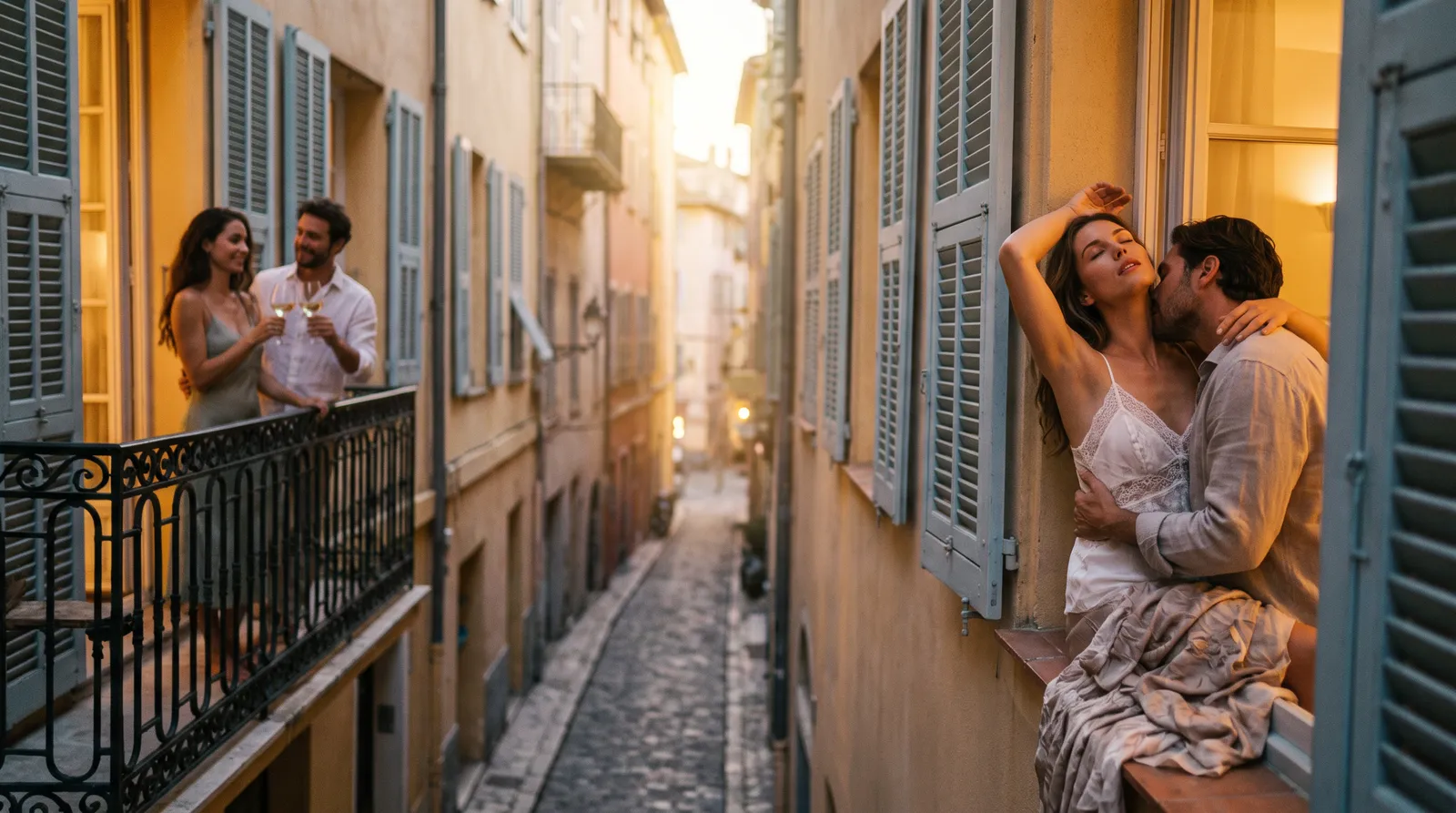 Femme en lingerie blanche embrassée par son compagnon à une fenêtre du Vieux-Nice, regardée par un couple qui lève son verre sur le balcon d'en face