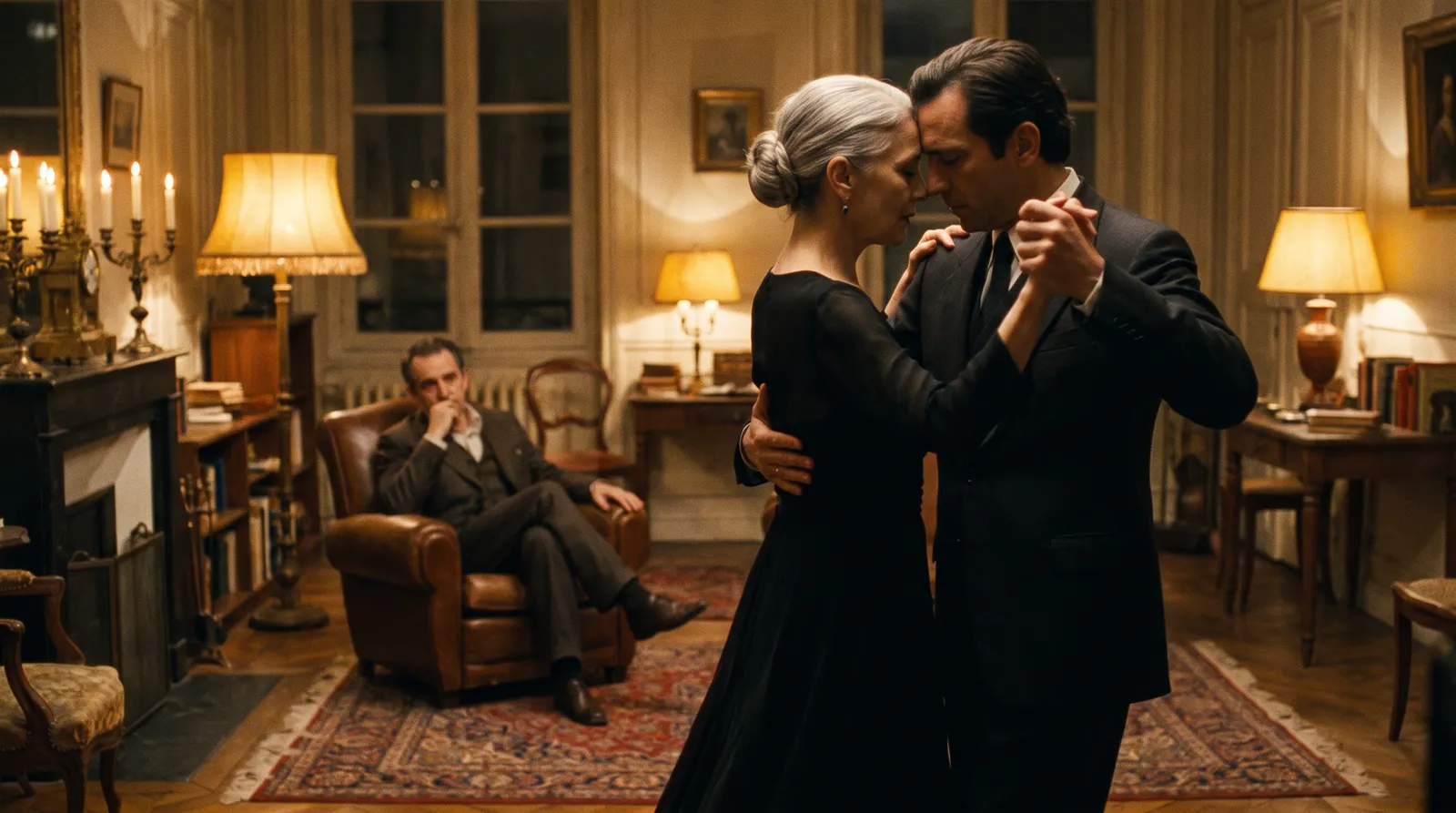 Femme aux cheveux argentés en robe noire qui danse un tango serré avec un homme brun, sous le regard de son mari assis dans un fauteuil de cuir