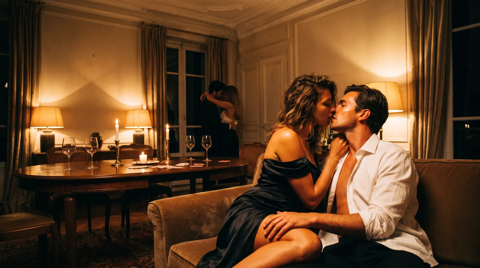 Couple qui s'embrasse sur un canapé après un dîner aux chandelles dans un appartement bordelais, un autre couple enlacé au fond de la pièce