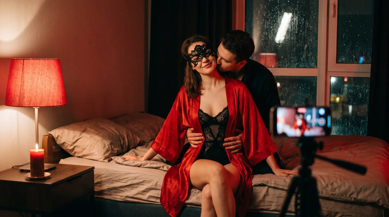Femme masquée de dentelle noire en kimono de soie rouge, embrassée dans le cou par son compagnon, filmée par un téléphone sur trépied dans une chambre éclairée de rouge
