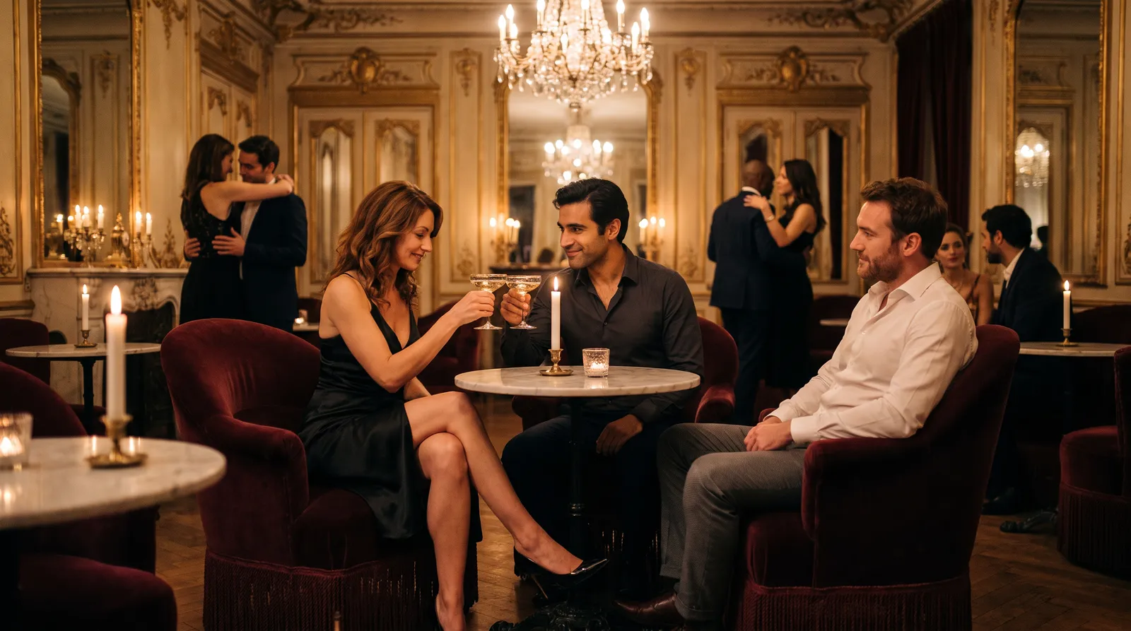 Dans un salon baroque aux fauteuils de velours bordeaux, une femme en robe noire trinque au champagne avec un homme brun sous le regard de son mari