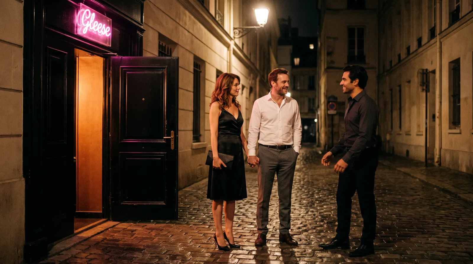 Un couple main dans la main retrouve un homme brun devant la porte discrète d'un club, une rue pavée la nuit