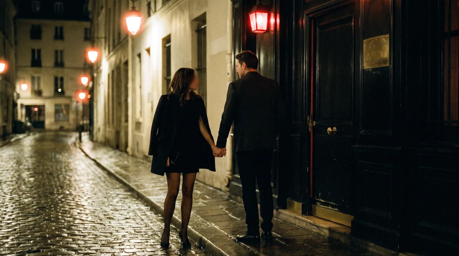 Couple main dans la main devant la porte discrète d'un club parisien, la nuit, sur des pavés mouillés