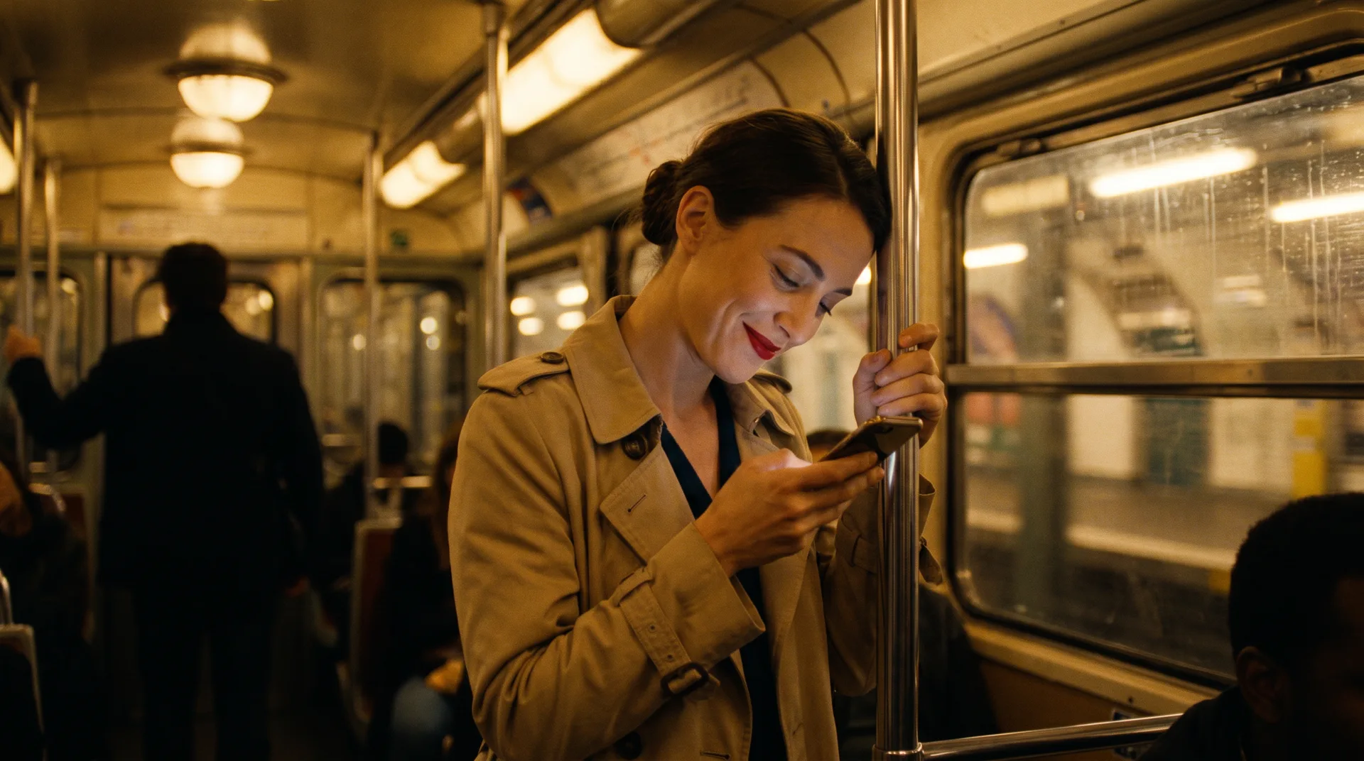 Dans une rame de métro le soir, une femme en trench lit sur son téléphone avec un sourire troublé