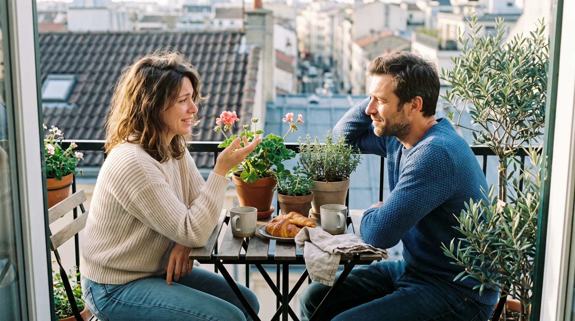 Un couple discute en prenant un café et des croissants sur un balcon, un dimanche matin