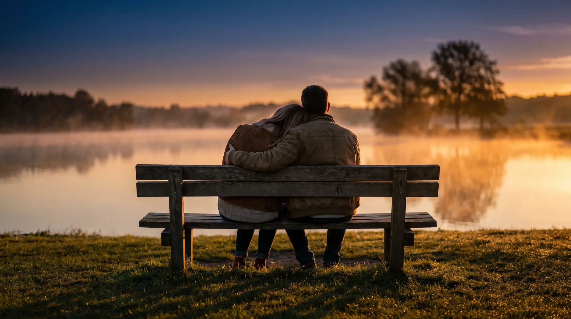 Un couple assis sur un banc face à un lac au coucher du soleil, elle la tête posée sur son épaule