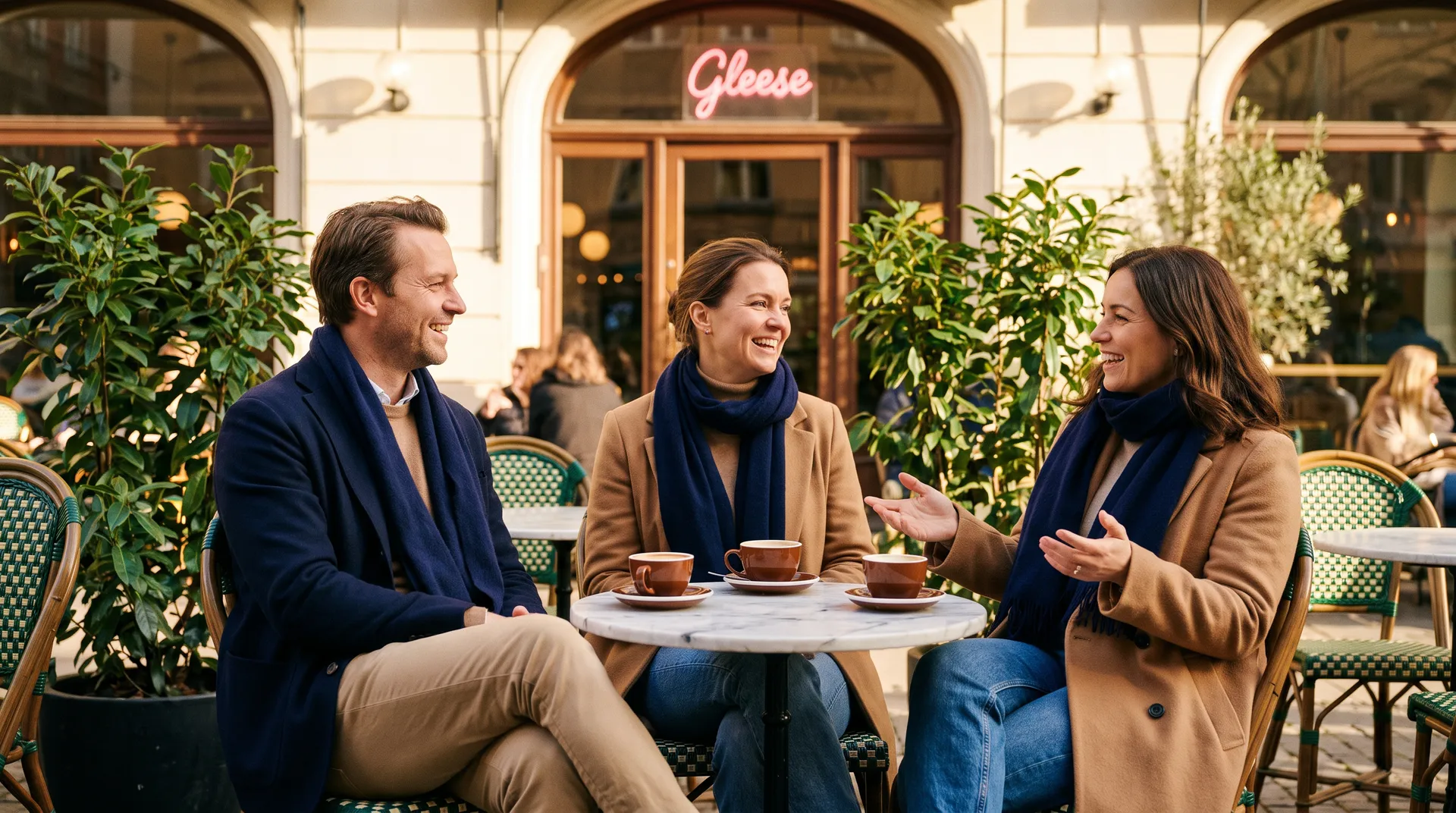 Un couple et une femme discutent en riant autour d’un café, à la terrasse d’un bar à l’enseigne Gleese